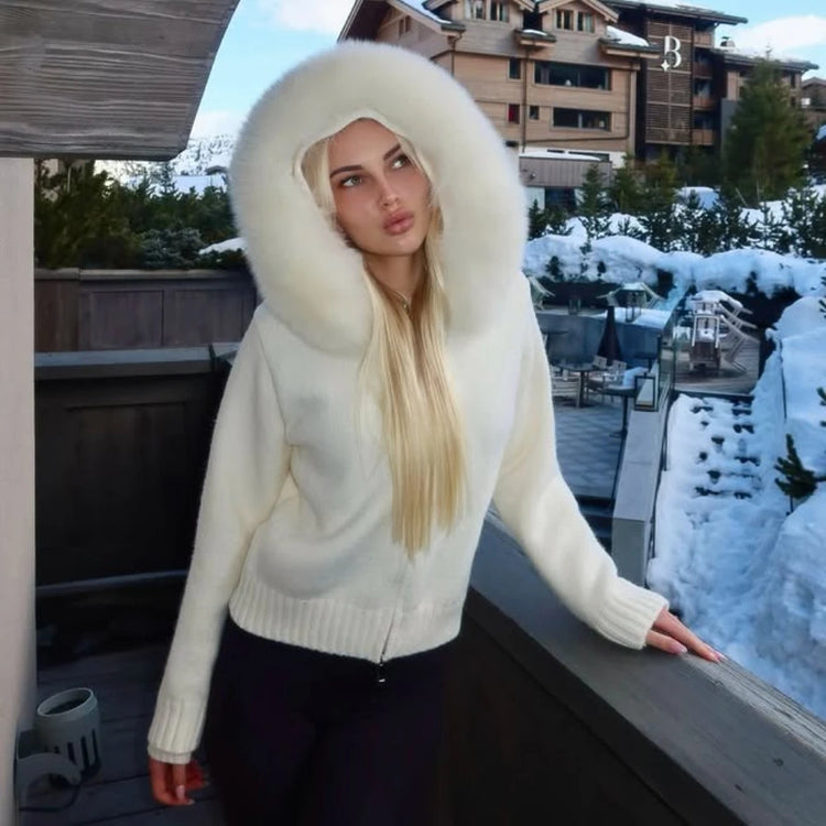 OFTBUY Real Fox Fur Kintwear Women New Spring Autumn Hooded Sweater Female Loose Zipper Kintted Jacket Oversized Cardigan