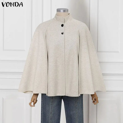 VONDA Autumn Women Capes Elegant Stand Collar Thin Cape Coat Solid Button Poncho OL Work Tops Office Streetwear Party Jackets