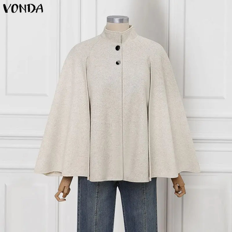 VONDA Autumn Women Capes Elegant Stand Collar Thin Cape Coat Solid Button Poncho OL Work Tops Office Streetwear Party Jackets