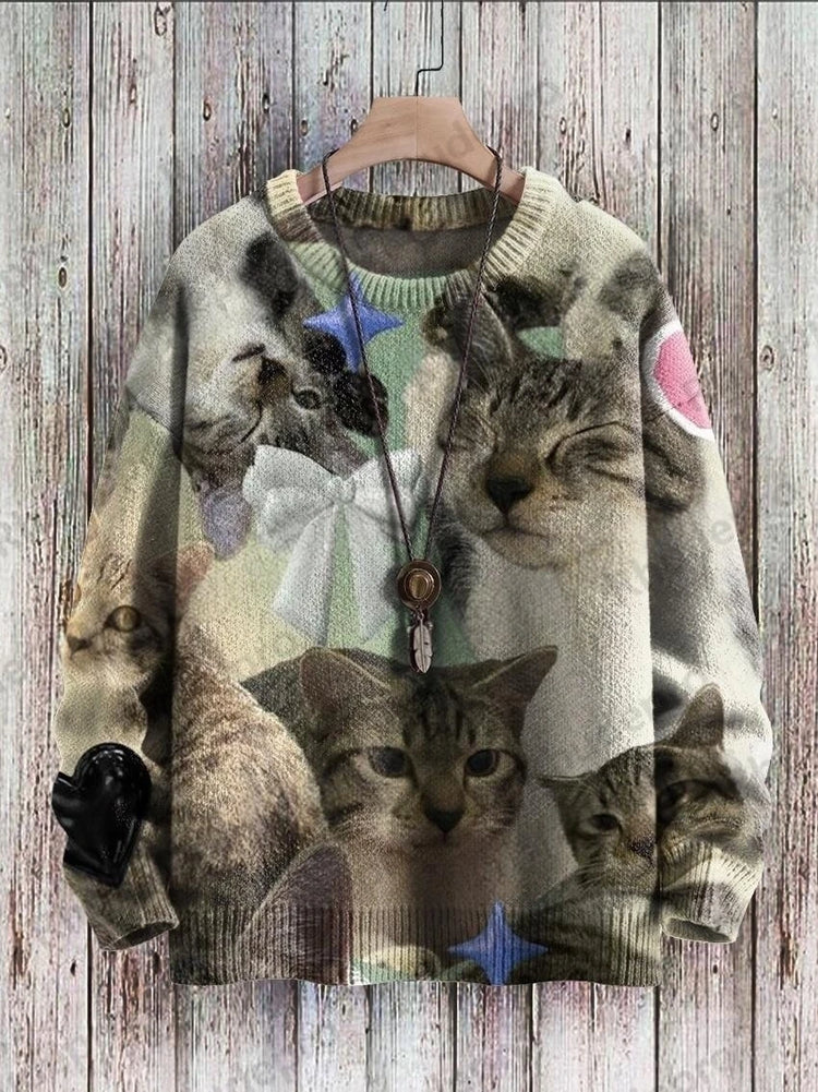 Cute Black Cat Graphic Retro Pattern 3D Printed Men's Knitted Pullover Winter Unisex Casual Warm Knit Pullover Sweater