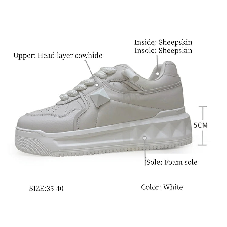5CM Women's Large Rivet Loafers Shoes Lace-up Comfortable Shoes Fashion Outdoor Multifunctional Sports Shoes Toe Layer Cowhide