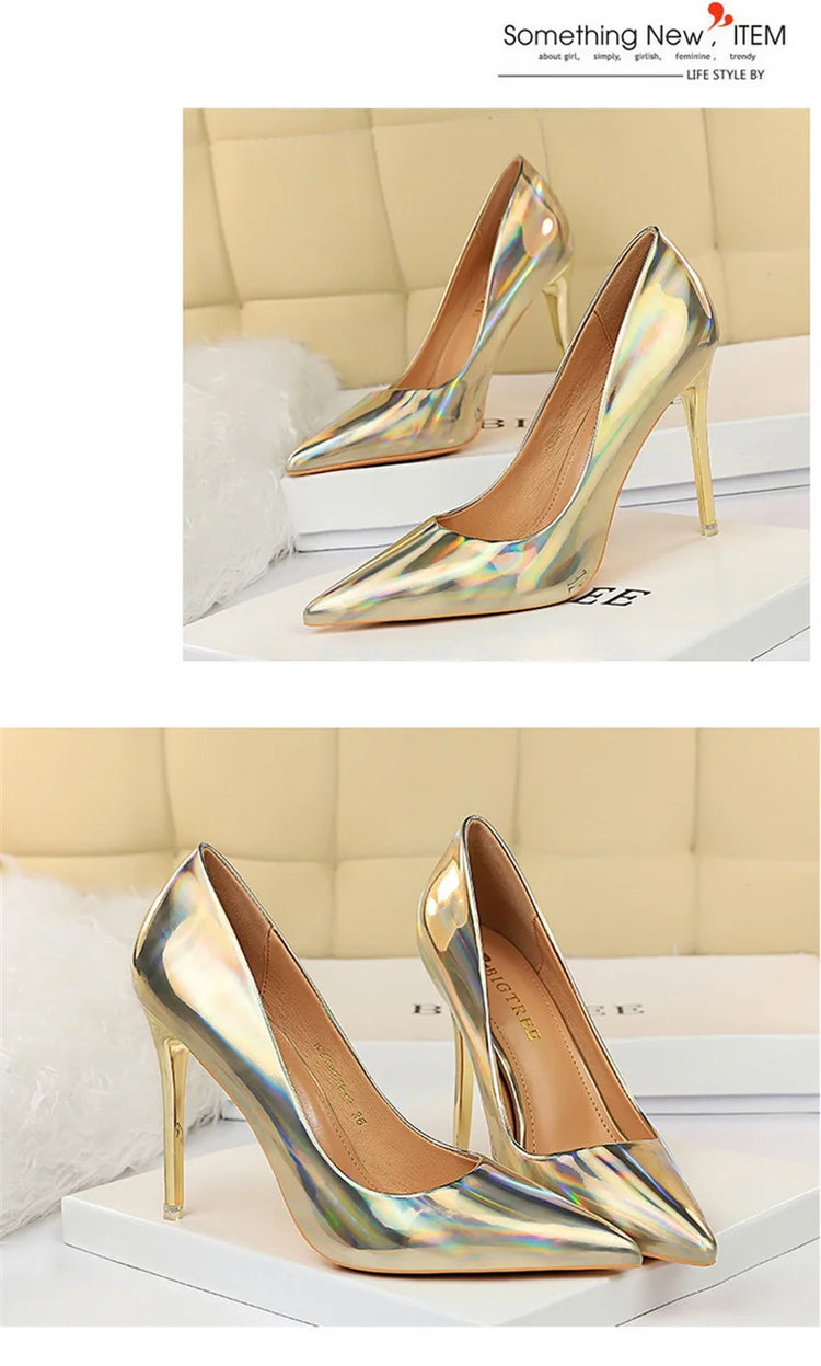 Tacchi alti da donna Blu Verde Décolleté di San Valentino Lusso lucido Stiletto Matrimonio Nuziale Discoteca Moda Semplice Colore solido 1829-2