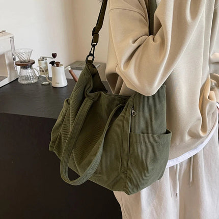 Women Corduroy Tote Bag Casual Multi Pocket Handbag Adjustable Strap Crossbody Sling Bag Zipper Shoulder Bag Fall Winter Bag PlatiNum