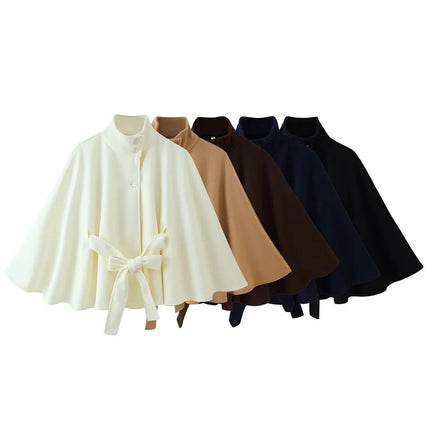 Women's Elegant Midi Cape Coat with Stand Collar Three Quarter Flared Sleeves Solid Color Belted Loose Fit Poncho For Woman