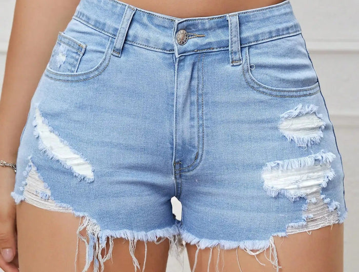 Ripped Raw Denim Shorts For Women Fashion A-line Hem Female Summer Hot Pants Streetwear Blue Clothing Skinny Sexy Retro Leisure PlatiNum