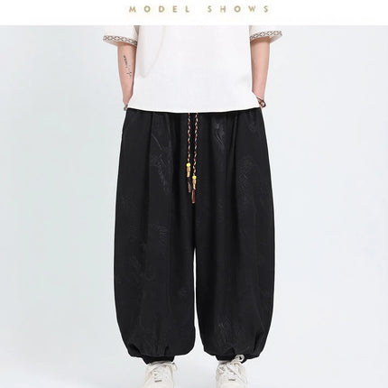 Pantaloni Estivi da Uomo Stile Cinese in Seta Ghiaccio con Motivo Drago Ukiyo-e, Comodi e Trendy, Pantaloni Casual Oversize da Uomo