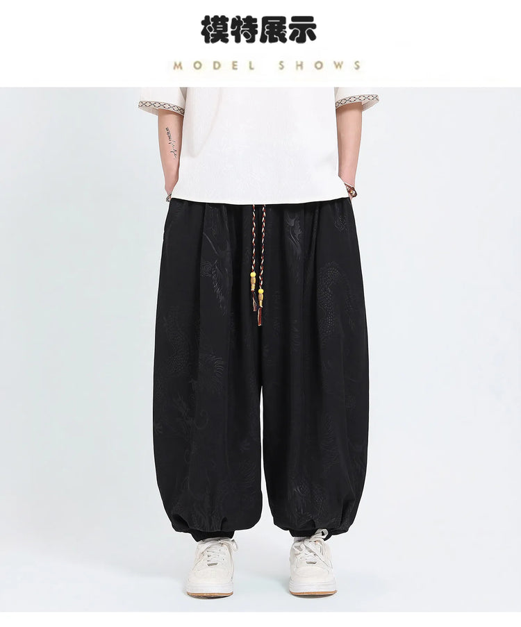 Pantaloni Estivi da Uomo Stile Cinese in Seta Ghiaccio con Motivo Drago Ukiyo-e, Comodi e Trendy, Pantaloni Casual Oversize da Uomo