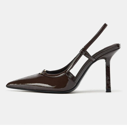 2026 Fashion Metal Decoration Stiletto Pumps Women Luxury Patent Leather Pointed Toe High Heels Sexy Slingback Designer Shoes PlatiNum