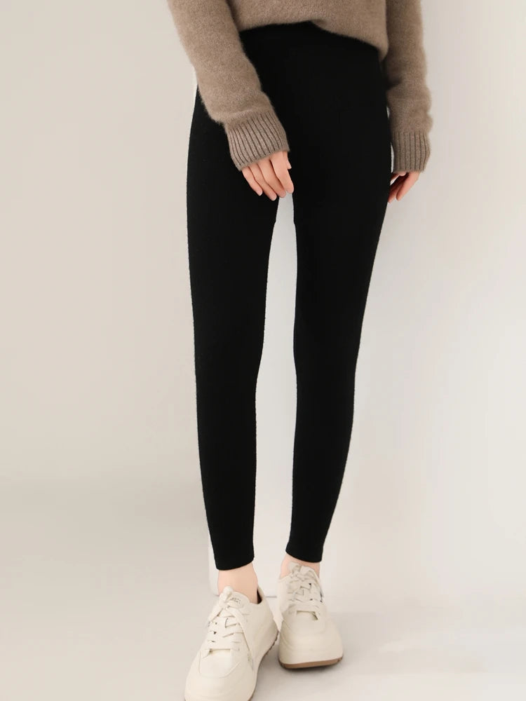 Women's Wool Leggings Slim Warm Autumn Winter High Waisted Elastic Tight Pants 100% Merino Wool Knitted Skin-friendly Leggings PlatiNum