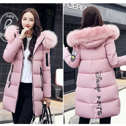Women Winter Fur Collar Hooded Parka Coats Fashion Letter Patch Zipper Long Jacket Elegant Slim Warm Thick Female Snow Outerwear