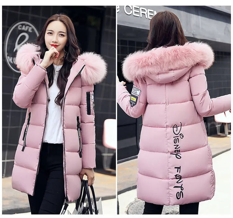 Women Winter Fur Collar Hooded Parka Coats Fashion Letter Patch Zipper Long Jacket Elegant Slim Warm Thick Female Snow Outerwear