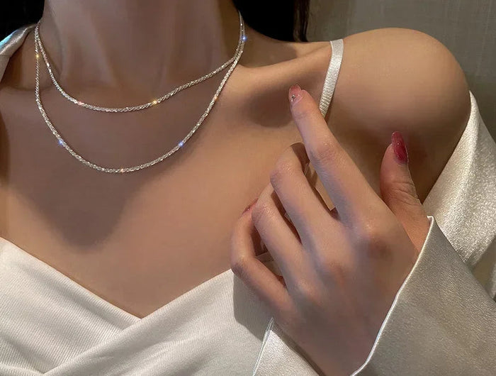 Popular Sparkling Necklace for Women Silver Colour Clavicle Chain Choker Fashion Jewelry Wedding Party Birthday Gift PlatiNum