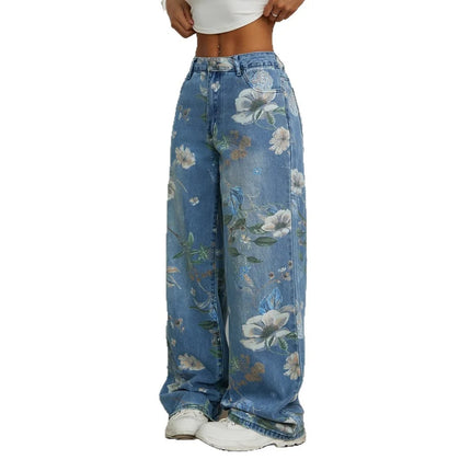 2026 Jeans stampati primaverili Pantaloni larghi a gamba dritta larghi di tendenza europea americana da donna Pantaloni versatili a gamba larga a vita bassa