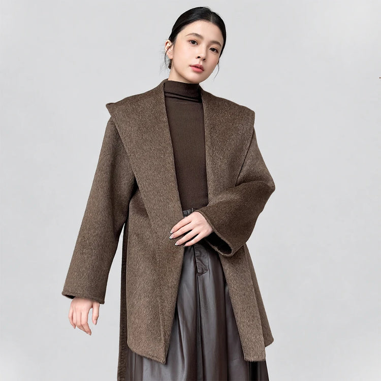 Brushed 100% Wool Coat Women Hooded Belted Wrap Coat Long-Pile Double-Faced Texture Unlined Relaxed Fit Short Coats Fall Winter