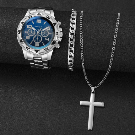 3 pz/set moda quadrante grande orologio al quarzo da uomo orologi da uomo d'affari di lusso collana braccialetto set Reloj Hombre (senza scatola) platinumshop