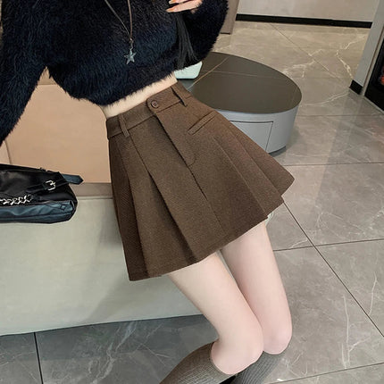 Gidyq Women Wool Mini Skirt Casual Korean Female High Waist Pleated Skirt Harajuku Fashion Streetwear Thick A Line Skirts New PlatiNum