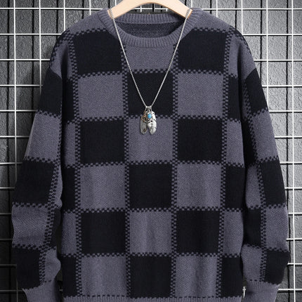 Retro Trendy Plaid Jacquard Pattern Pullover Sweater Casual Round Neck Color-Block Knit Men's Pullover