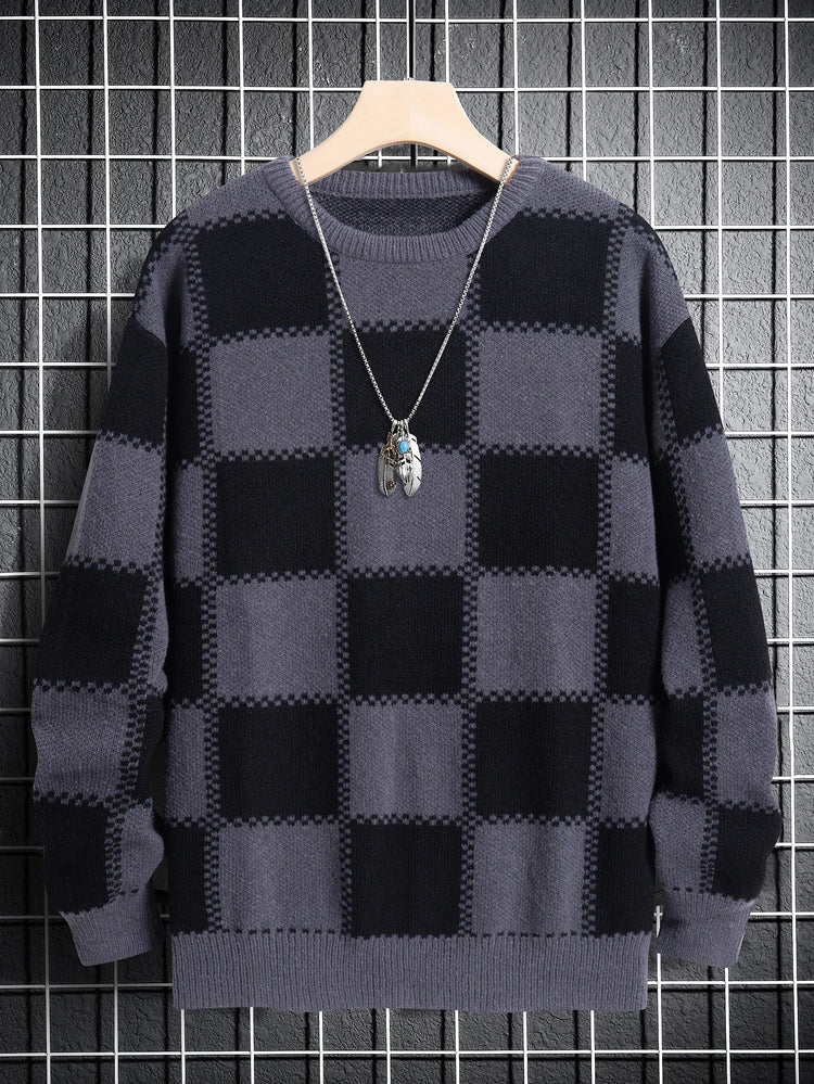 Retro Trendy Plaid Jacquard Pattern Pullover Sweater Casual Round Neck Color-Block Knit Men's Pullover