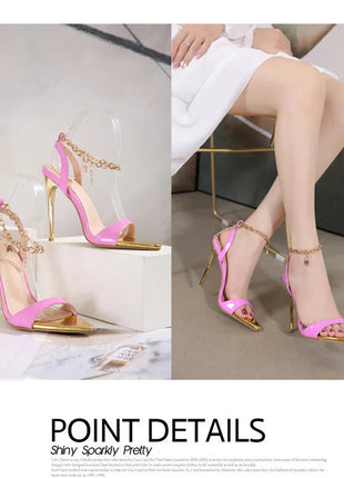 New Summer Sandals Women Fashion Gold Chain Ankle Strap Sexy Peep Toe Ladies Metal High Heels Sandals Woman Party Shoes Pumps PlatiNum