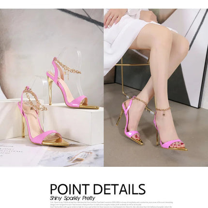 New Summer Sandals Women Fashion Gold Chain Ankle Strap Sexy Peep Toe Ladies Metal High Heels Sandals Woman Party Shoes Pumps PlatiNum