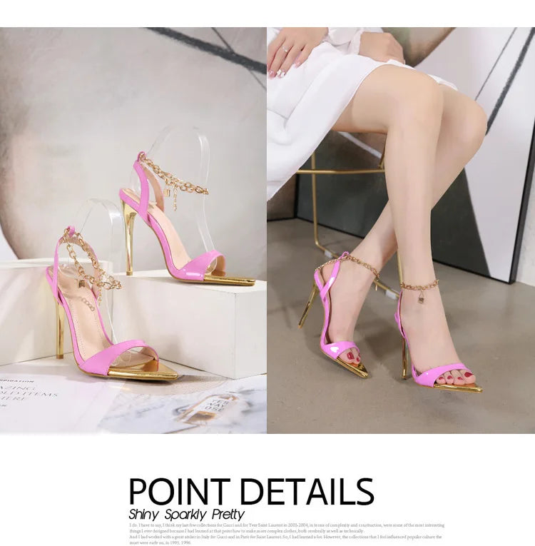 New Summer Sandals Women Fashion Gold Chain Ankle Strap Sexy Peep Toe Ladies Metal High Heels Sandals Woman Party Shoes Pumps PlatiNum