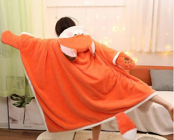 Winter Cartoon Fox Thick Wearable Blanket Nap Cloak Nightgown Office Blanket Adult Cloak