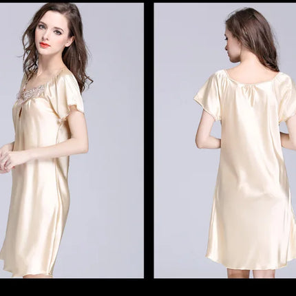 Women's Ice Silk Casual Silk Pajamas Sexy Lace Short Sleeve Women's Summer Pajamas Homewear