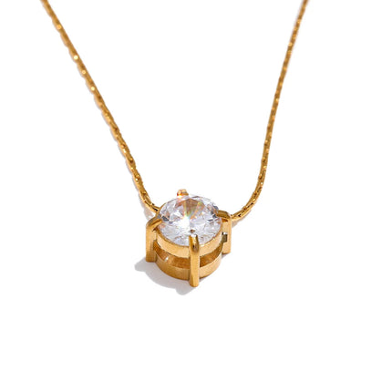 Yhpup Korean Chic Stainless Steel Shiny Cubic Zirconia Cast Delicate Necklace Pendant for Women Daily Waterproof Basic Jewelry PlatiNum