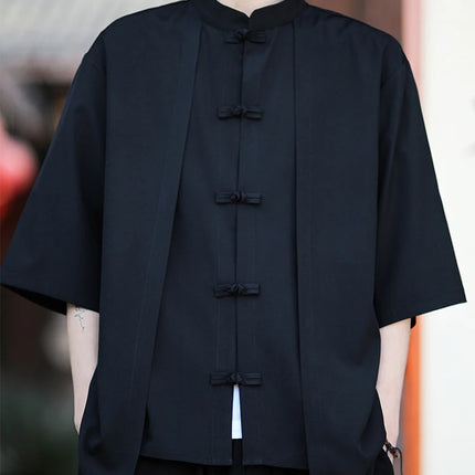 Camicia cinese da uomo in seta di ghiaccio stile cinese comoda camicia retrò traspirante da uomo casual estiva vestibilità ampia moda tinta unita