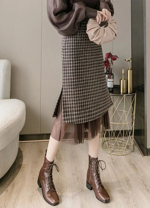 Woolen plaid skirt autumn and winter 2025 new plaid foreign style small man a word hip wrap medium and long skirt PlatiNum