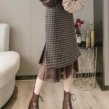 Woolen plaid skirt autumn and winter 2025 new plaid foreign style small man a word hip wrap medium and long skirt PlatiNum