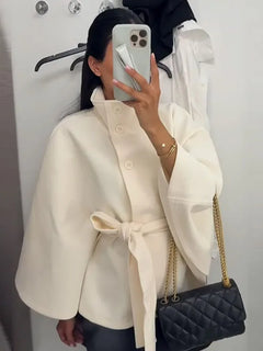 Faux Fur Cloak Jackets Women Loose Standneck Three Button Wide Sleeves Belt Coats Female 2026 Autumn Solid Chic Fashion Outwears
