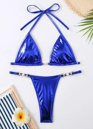 Micro Bikini Rosa Lucido da Donna, Sexy con Perle in PU, Push-Up, Perizoma, Costume da Bagno Estivo, con Lacci, per Vacanze PlatiNum