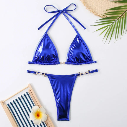 Micro Bikini Rosa Lucido da Donna, Sexy con Perle in PU, Push-Up, Perizoma, Costume da Bagno Estivo, con Lacci, per Vacanze PlatiNum