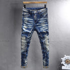 Street Designer Fashion Men Jeans Retro Blue Stretch Slim Fit Spliced Ripped Jeans Men Y2K Painted Vintage Denim Pants Hombre PlatiNum