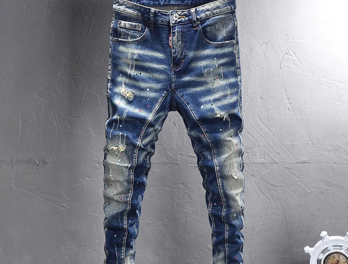 Street Designer Fashion Men Jeans Retro Blue Stretch Slim Fit Spliced Ripped Jeans Men Y2K Painted Vintage Denim Pants Hombre PlatiNum
