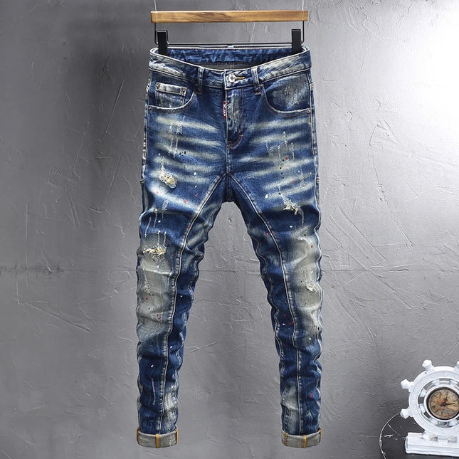 Street Designer Fashion Men Jeans Retro Blue Stretch Slim Fit Spliced Ripped Jeans Men Y2K Painted Vintage Denim Pants Hombre PlatiNum