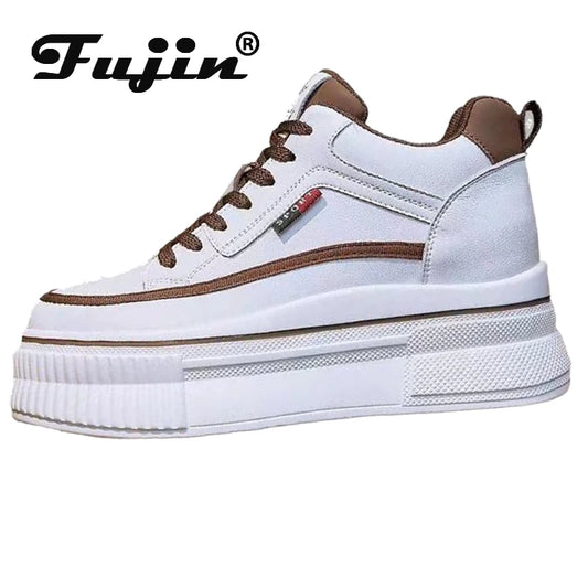 Fujin 8cm New Genuine Leather Platform Wedge Thick Sole Spring Autumn Hollow Winter Winter Chunky Sneaker Plush Vulcanize Shoes