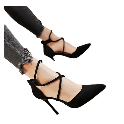 2021 Estate europea e americana pelle scamosciata a punta croce cinturino scarpe tacco alto banchetto da donna discoteca sandali sexy con tacco sottile