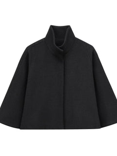 HH Women's 2025 New Solid Wool Blended Stand Collar Concealed Button Cape Jacket Female Fashion Versatile Temperament Jacket