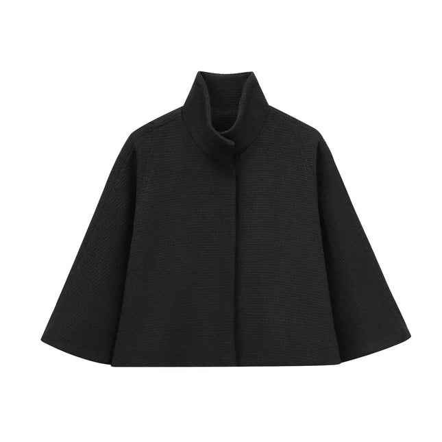 HH Women's 2025 New Solid Wool Blended Stand Collar Concealed Button Cape Jacket Female Fashion Versatile Temperament Jacket