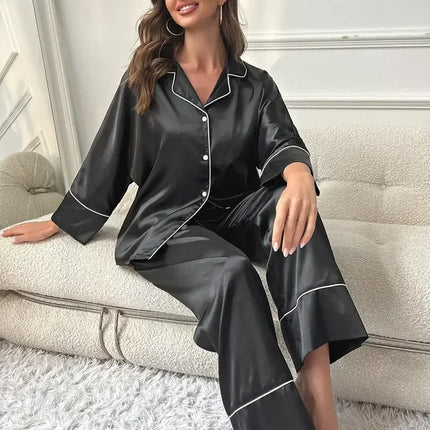 Pigiama da donna Completo da notte Completo da pigiama Pj Set Top a maniche lunghe in raso con pantaloni Pigiama da 2 pezzi Pigiama da donna
