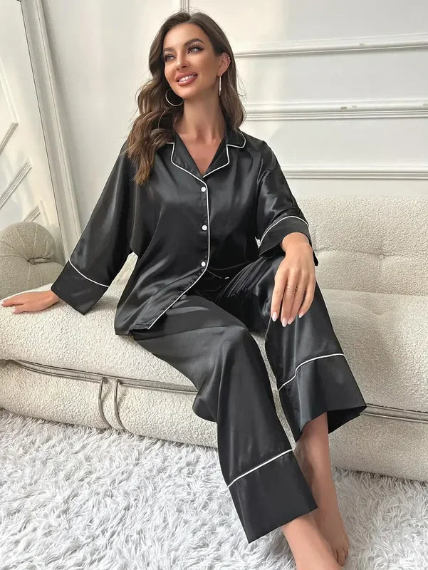 Pigiama da donna Completo da notte Completo da pigiama Pj Set Top a maniche lunghe in raso con pantaloni Pigiama da 2 pezzi Pigiama da donna