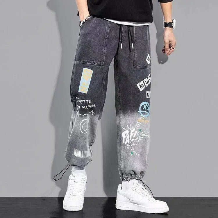 Men's Distressed Denim Pants Cuffed, Artistic Gradient Harem Jeans, Oversized Hip Hop Trousers for Spring Fall Versatile Outfits PlatiNum