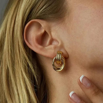 Orecchini a Perno Geometrici a Forma di C Multistrato Placcati in Oro 18K, Antiruggine, in Acciaio Inossidabile per Donne platinumshop