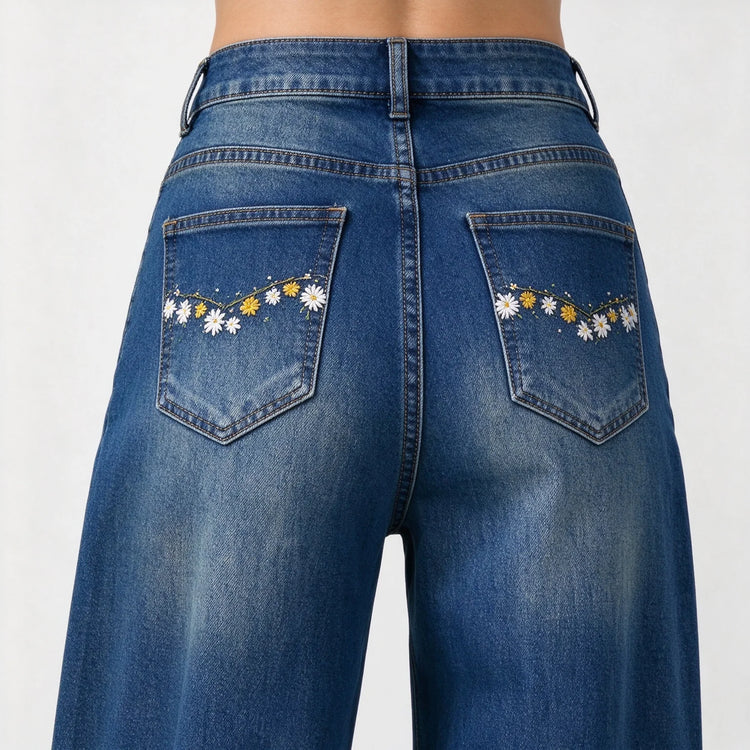 Women’s High-Waisted, Wide-Leg Jeans with Daisy Embroidery on the Pockets, Vintage Blue Denim with Faded Wash, Soft Casual Trousers for Everyday Wear  JF-593