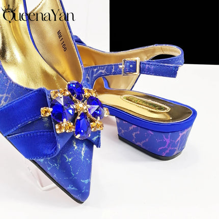 Queena Yan Elegante set di borse con strass a punta blu e tacco basso per calzature e accessori per feste di matrimonio di lusso da donna