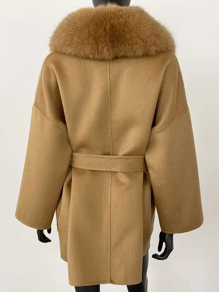 CXFS 2025 Winter Fashion Women Double-sided Wool Cashmere Coat with Detachable Natural Fox Fur Collar New design suit collar