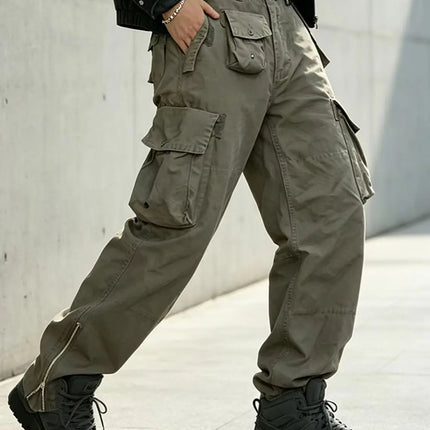 Men's Multi Pocket Cargo Pants Vintage 100% Cotton Loose Straight Tactical Pants Zippered Ankle Cuffs Work Streetwear Trousers