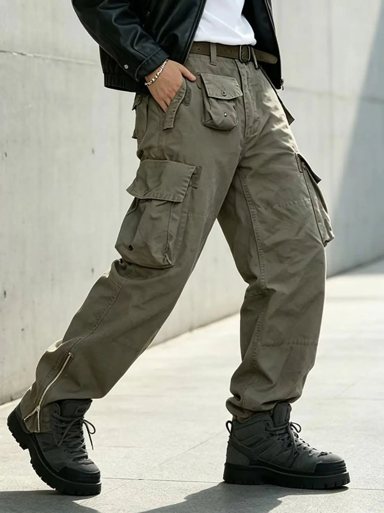 Men's Multi Pocket Cargo Pants Vintage 100% Cotton Loose Straight Tactical Pants Zippered Ankle Cuffs Work Streetwear Trousers